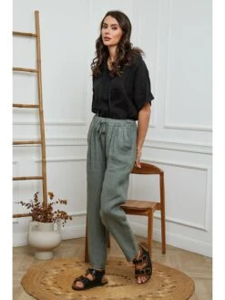 Linnen Broek "Ferria" Kaki -Limango Winkel fleur de lin linnen broek ferria kaki 4